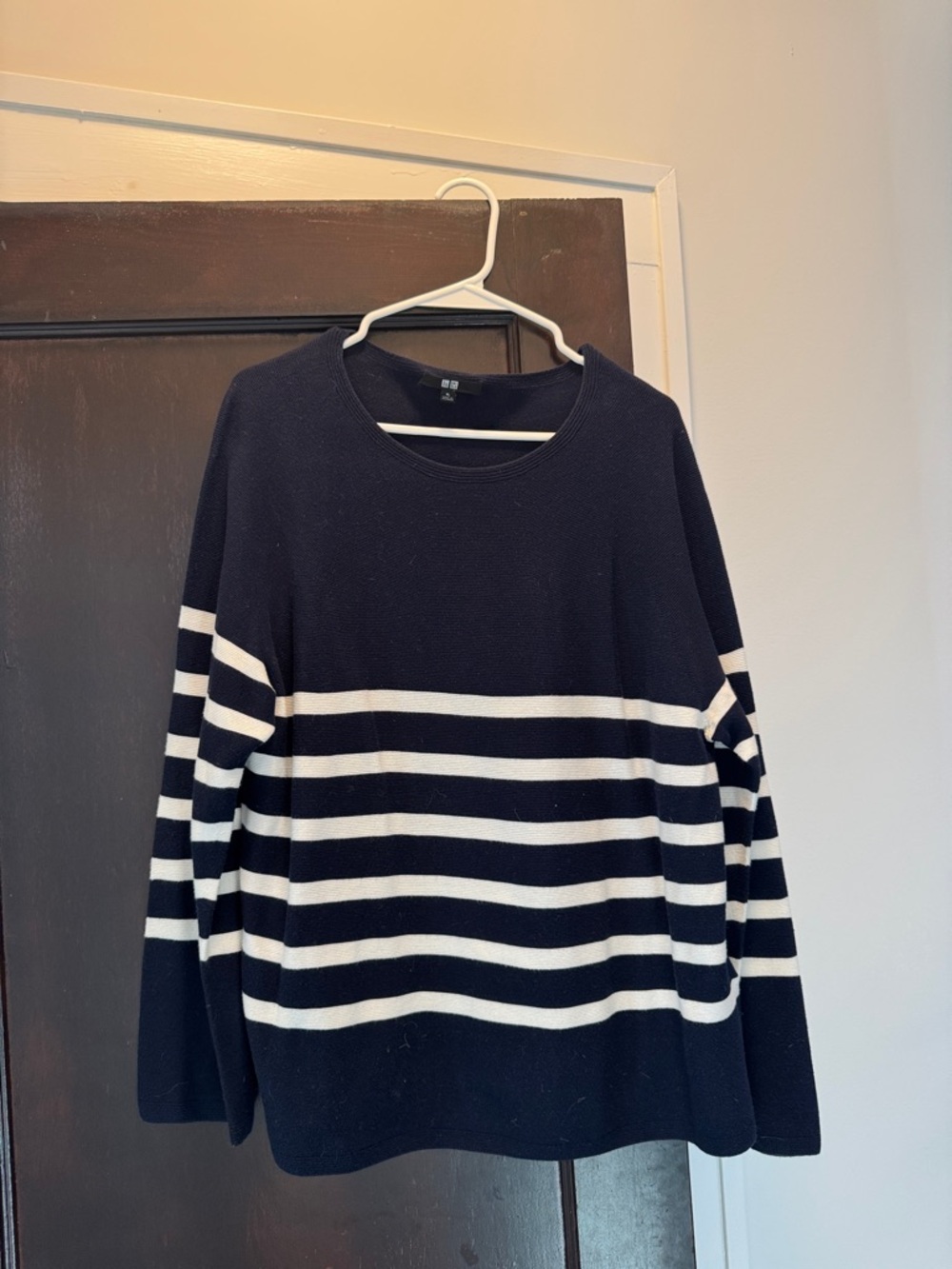 Uniqlo Navy and White Striped Crew Neck Sweater